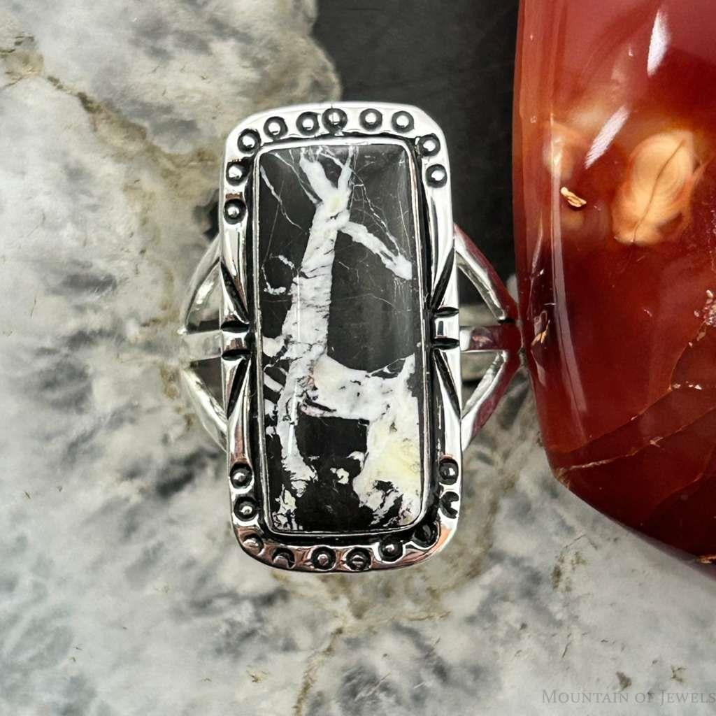 Native American Sterling Silver Rectangle White Buffalo Bar Ring Size 7.5 For Women