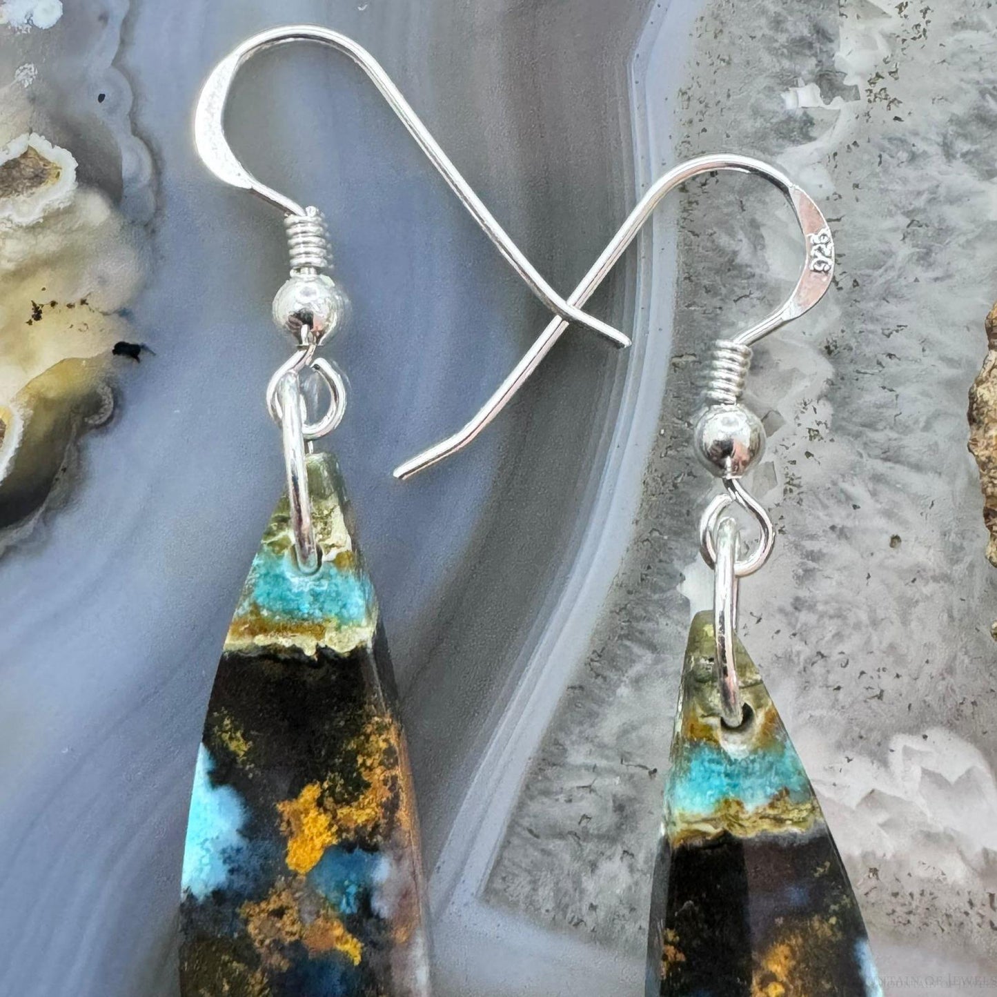 Sterling Silver Elongated Triangle Chrysocolla Slab Dangle Earrings For Women #229