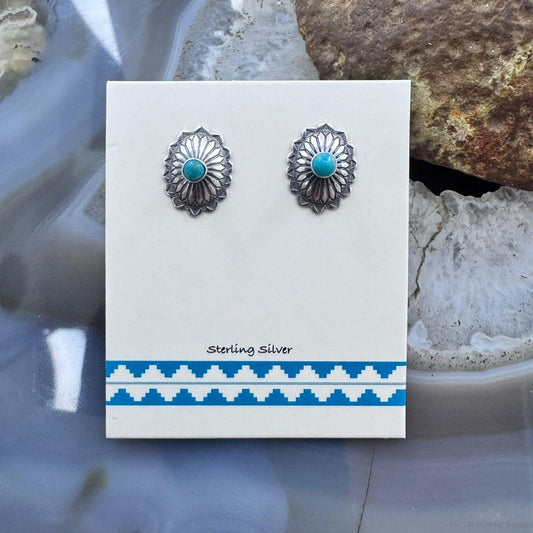 Sterling Silver Repousse Oval Concho with Turquoise Stud Earrings For Women