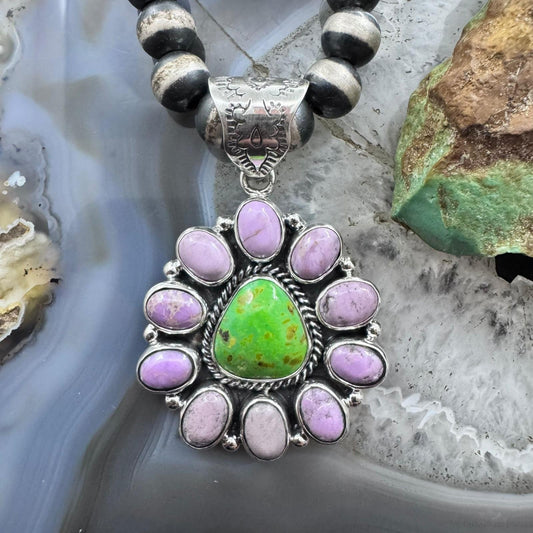 Native American Sterling Silver Green Turquoise w/Phosphosiderite Cluster Pendant For Women