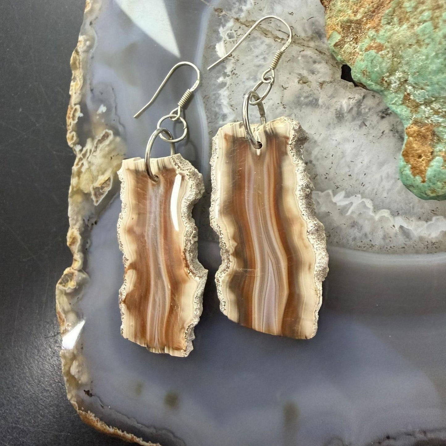 Sterling Silver Agate Slab Dangle Earrings For Women #400