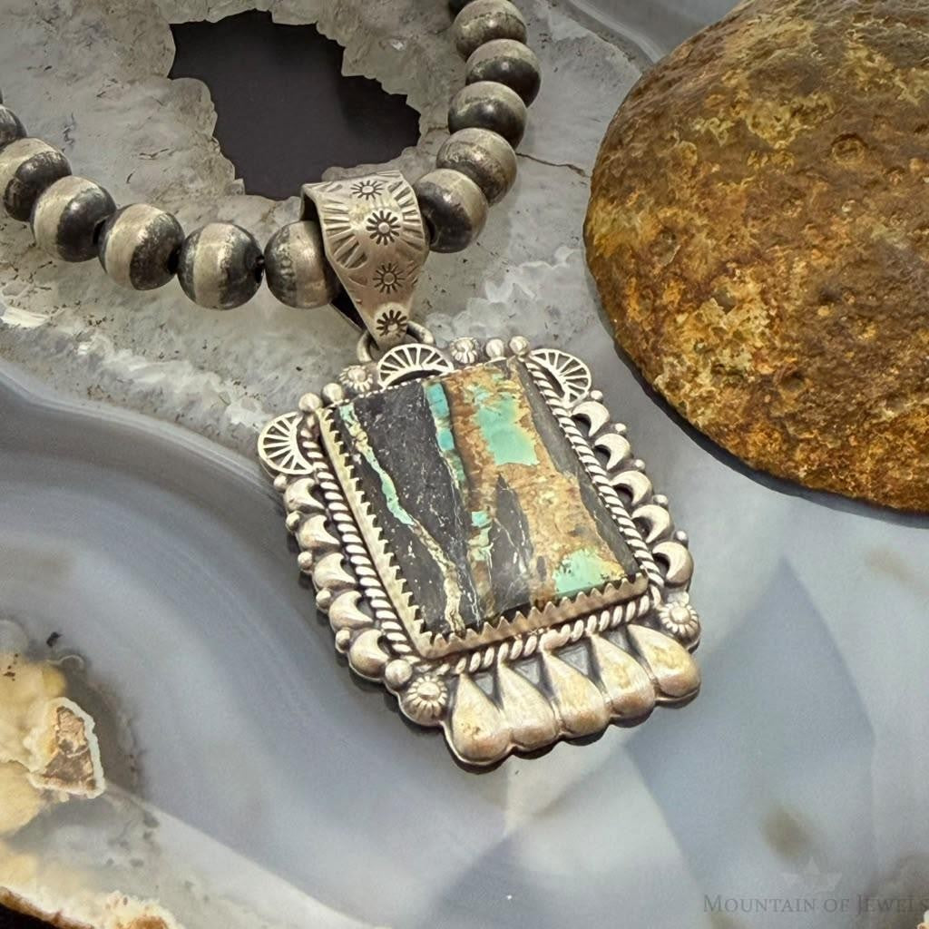 Sterling Silver Southwestern Style Square Blackjack Turquoise Decorated Pendant #1