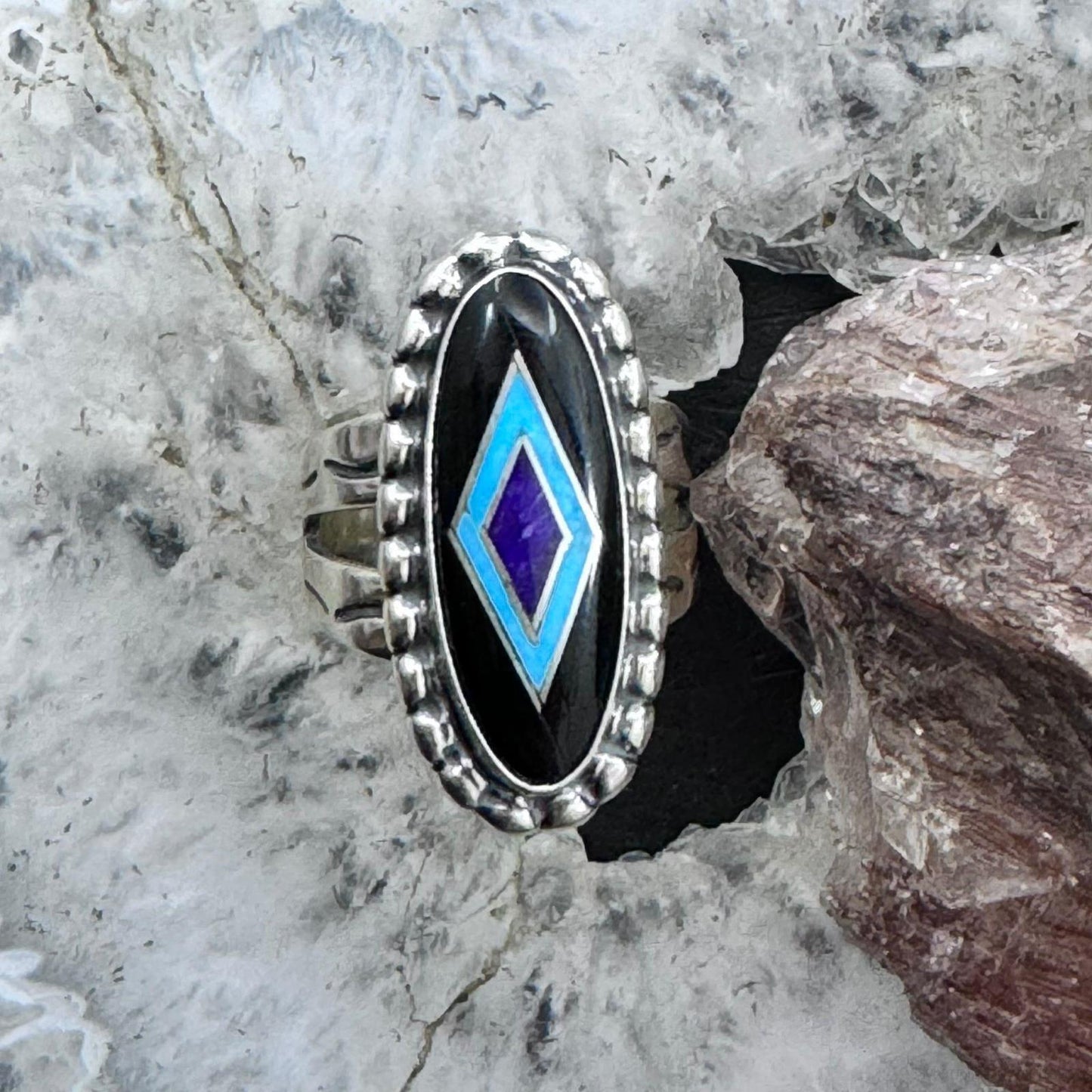 Carolyn Pollack Sterling Silver Onyx, Turquoise & Lapis Inlay Ring Size 6.25 For Women