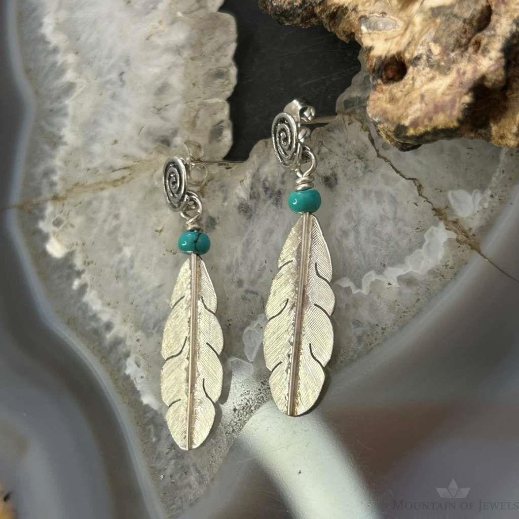 Anthony Gatewood Sterling Silver & Turquoise Spiral Feather Dangle Earrings For Women