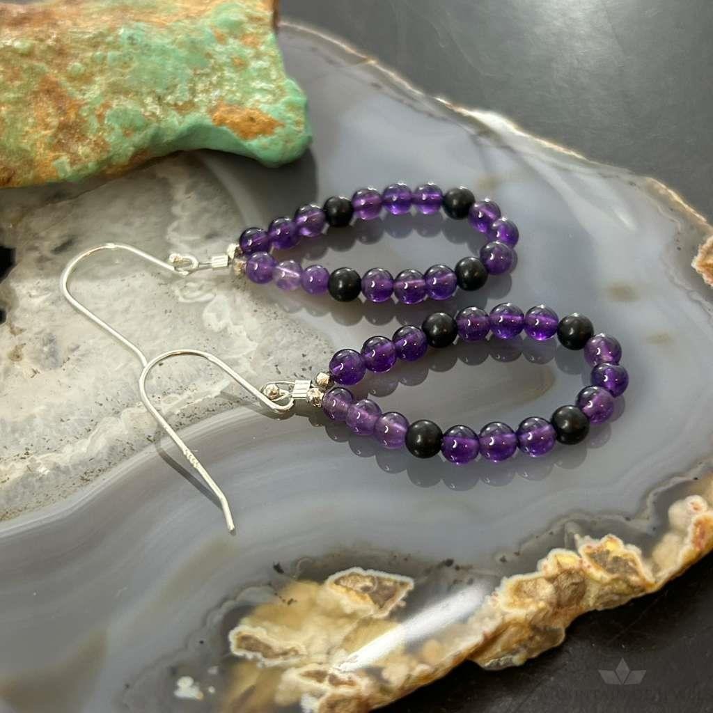 Sterling Silver Amethyst Beads Hoop Dangle Earrings For Women