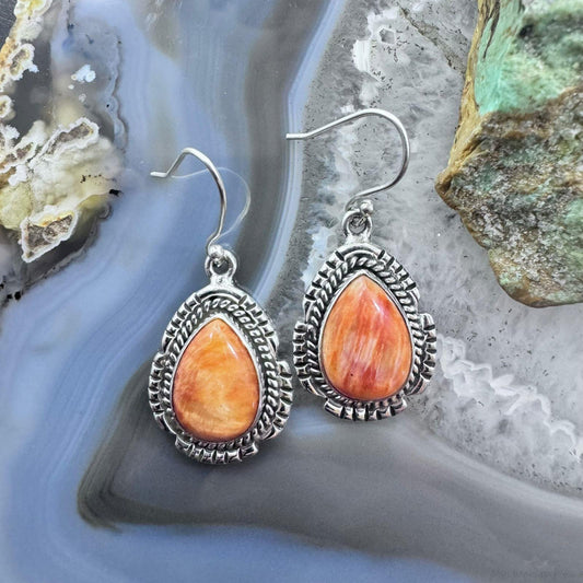 Sterling Silver Southwestern Style Teardrop Orange Spiny Oyster Dangle Earrings For Women