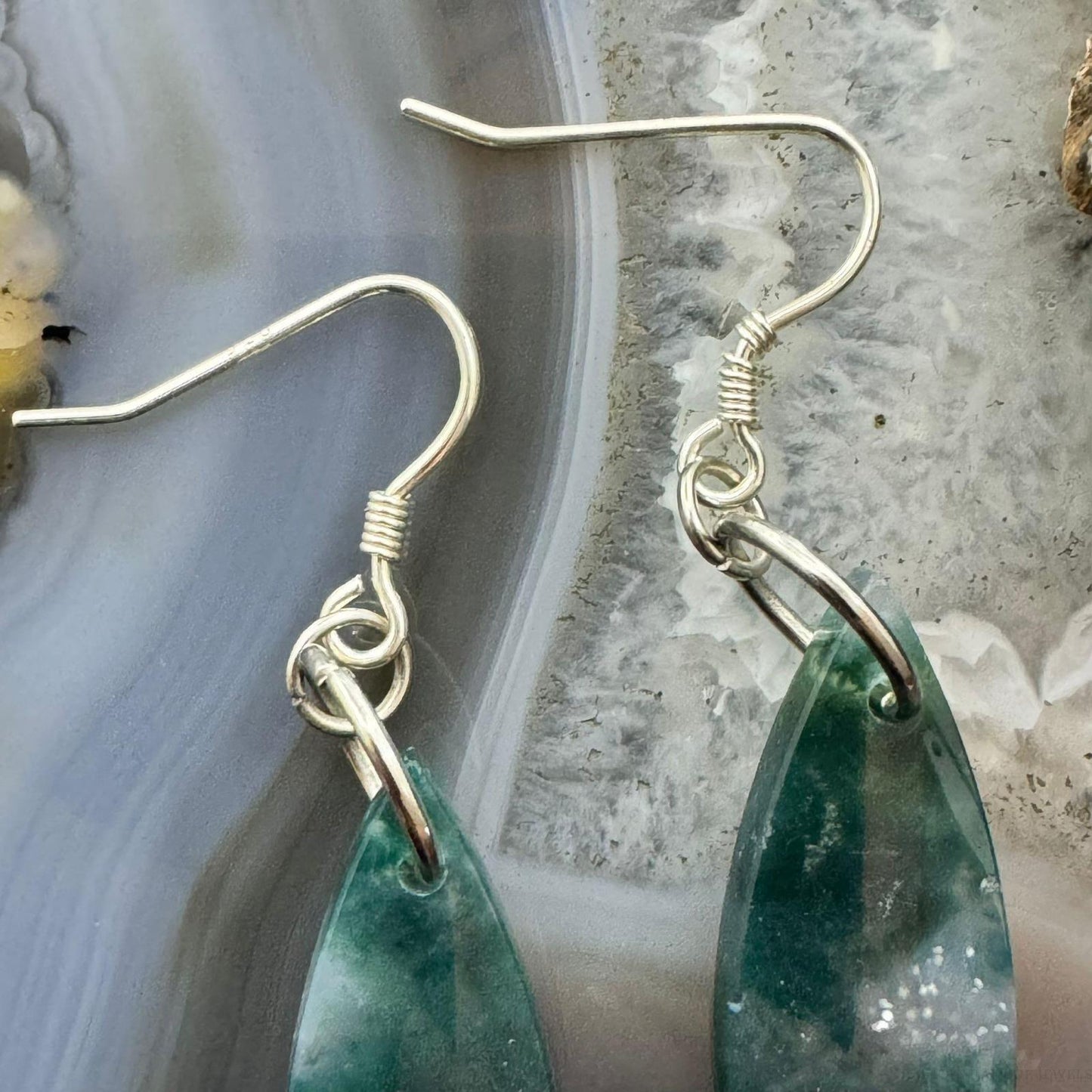 Sterling Silver Elongate Marquise Moss Agate Slab Dangle Earrings For Women #233