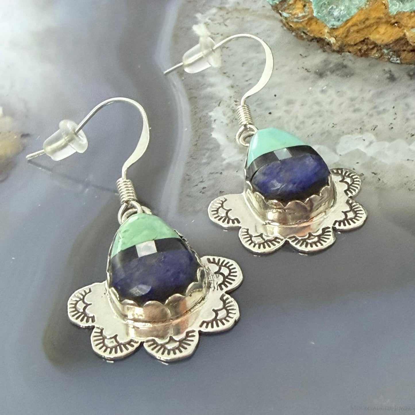 Clifton Aguilar Sterling Silver Teardrop Multistone Inlay Dangle Earrings For Women