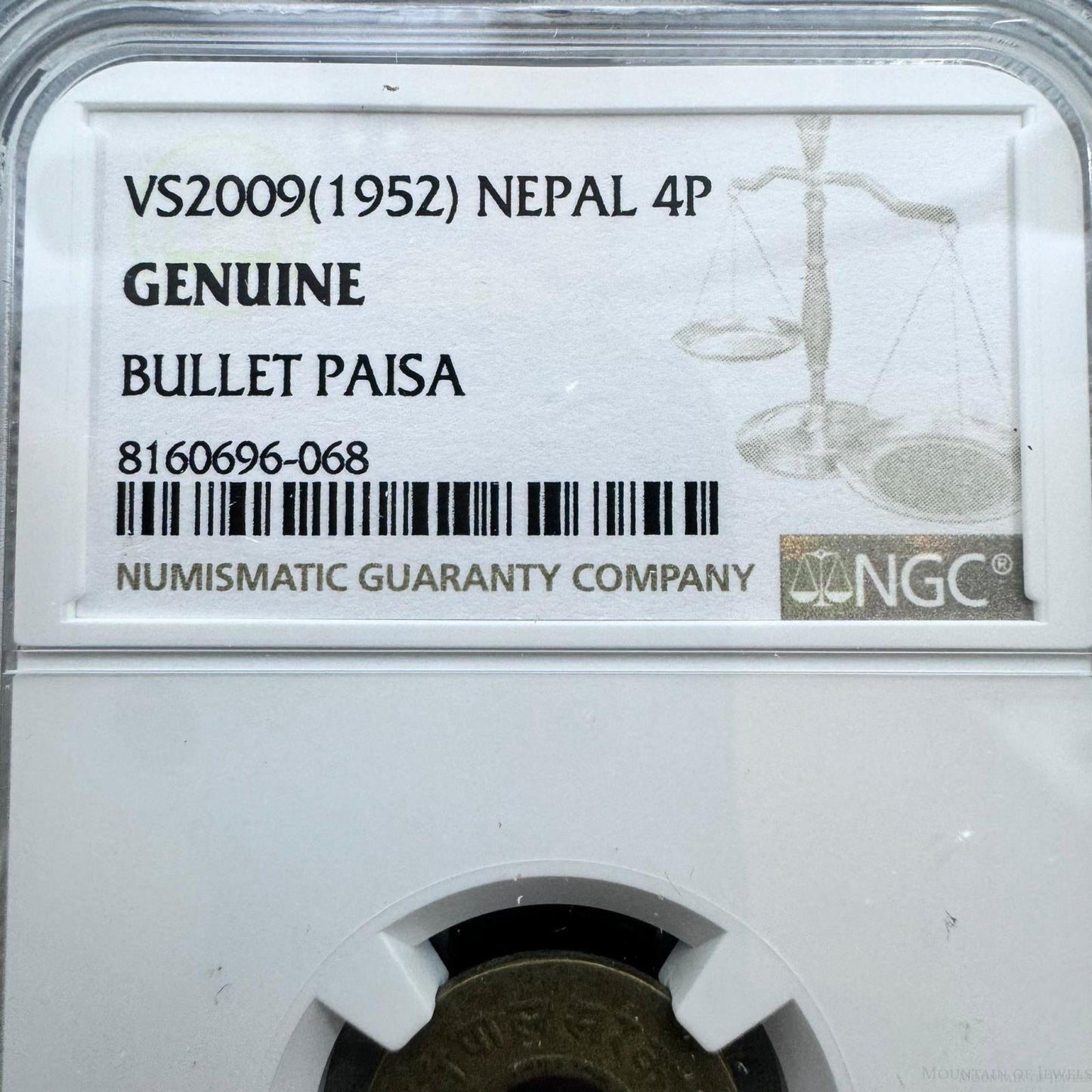 VS2009 (1952) Nepal 4P Bullet Paisa Genuine NGC #8160696-068