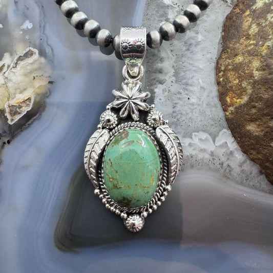 Sterling Silver Southwestern Style Oval Turquoise Leaves Decorated Pendant For Women
