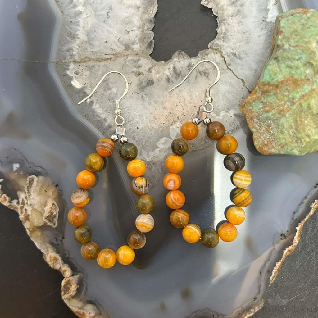 Sterling Silver Rounded Yellow Jasper Beads Hoop Dangle Earrings For Women