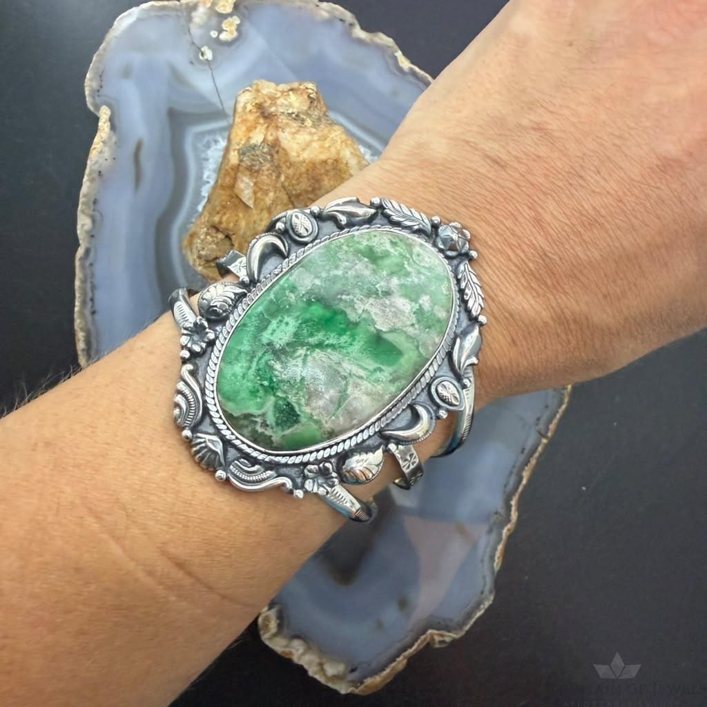 Sterling Silver Southwestern Style Large Oval Variscite Bracelet For Women