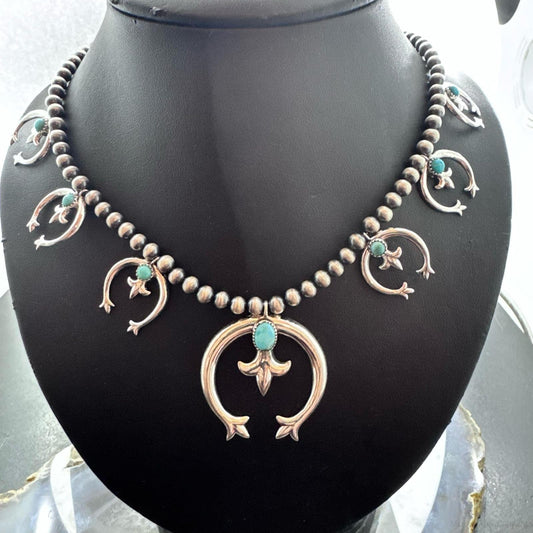 Sterling Silver Southwestern Style Naja w/Turquoise Squash Blossom 20" - 22" Necklace For Women