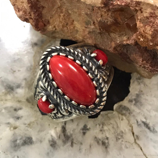 Carolyn Pollack Sterling Silver 3 Red Coral Decorated Ring Size 6.5 For Women