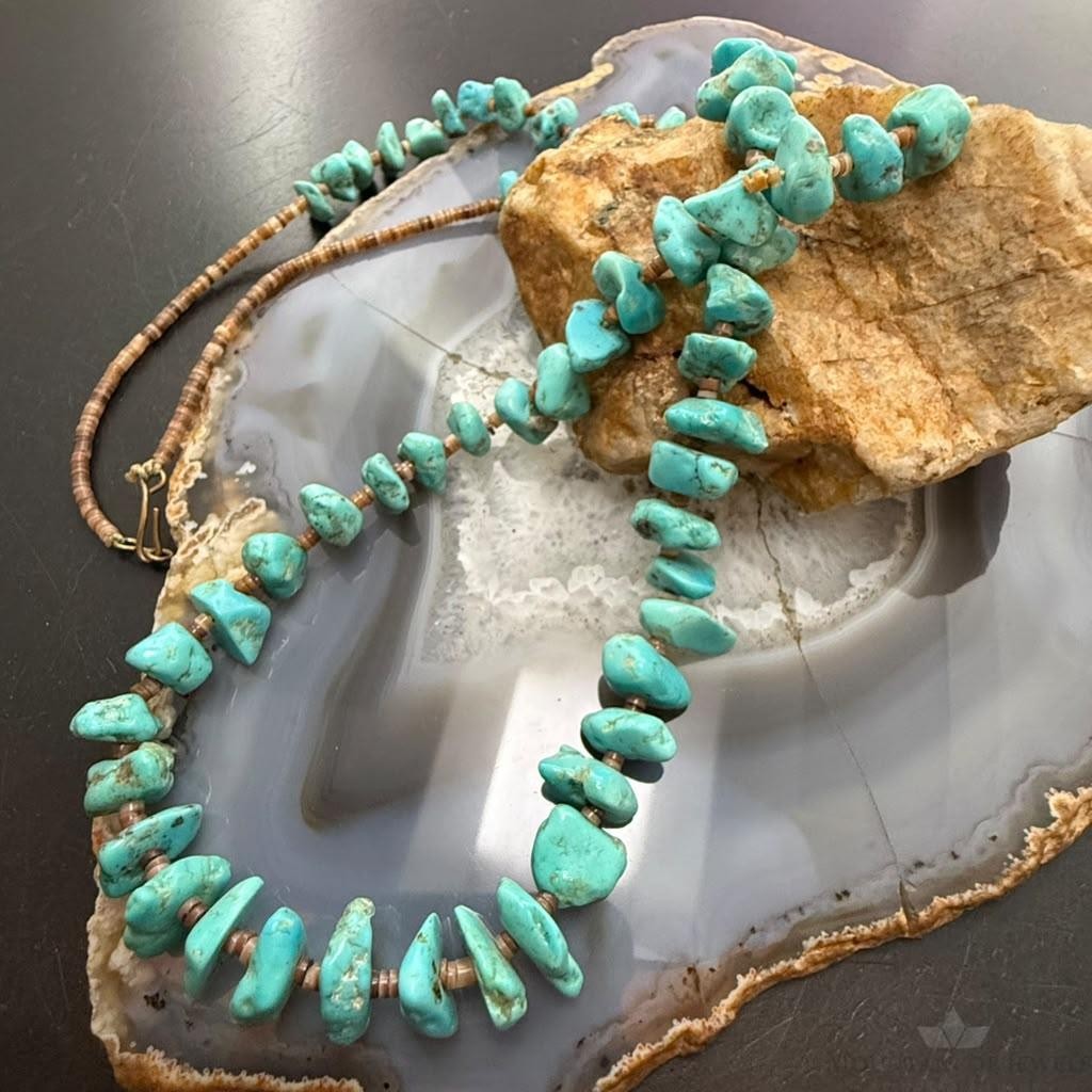 Vintage Native American Chunky Turquoise & Heishi Shell 28" Necklace For Women