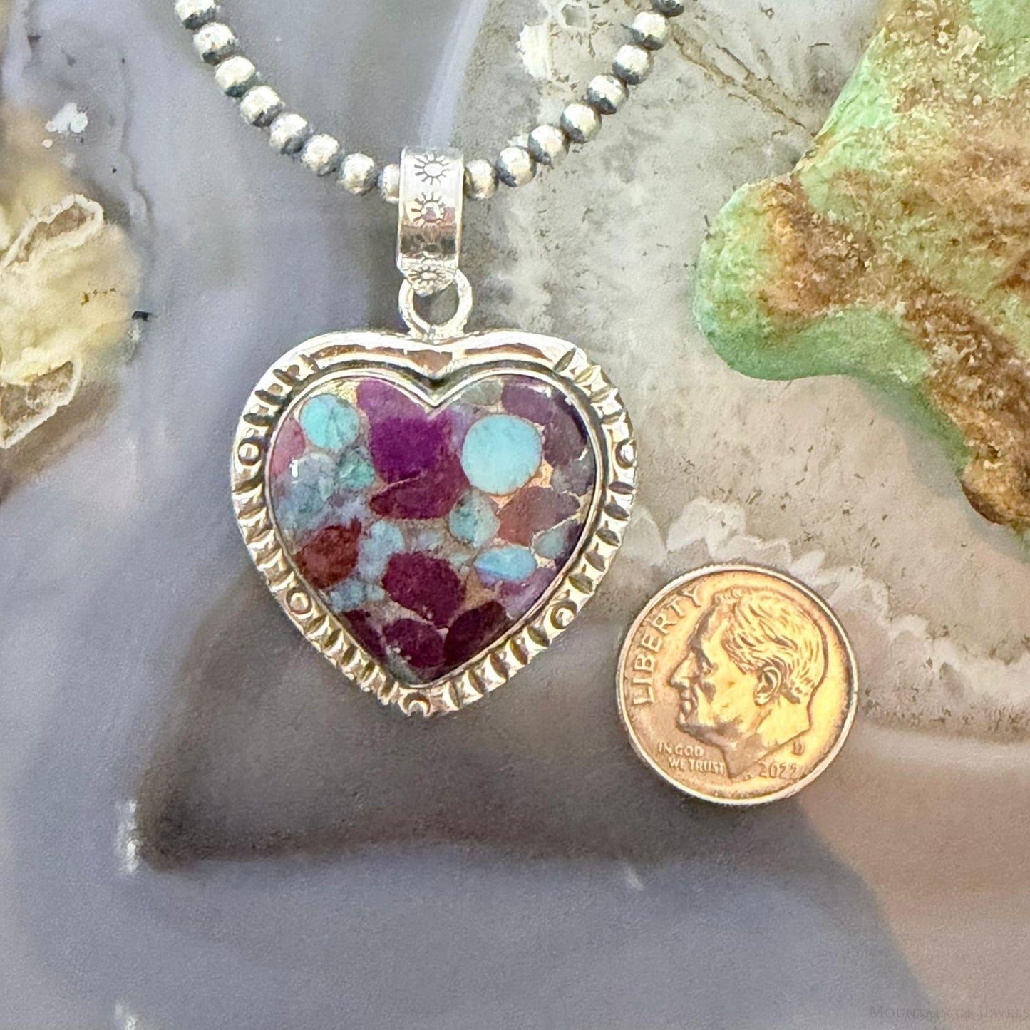 Sterling Silver Southwestern Style Purple Dahlia Heart Pendant For Women