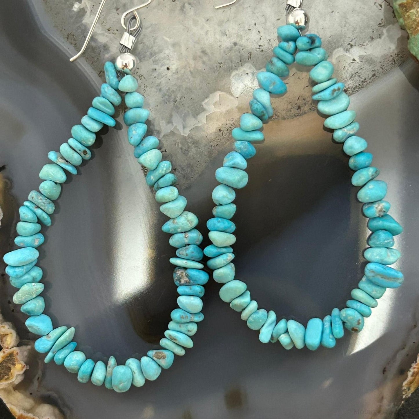 Sterling Silver Blue Natural Turquoise Beads Hoop Earrings For Women