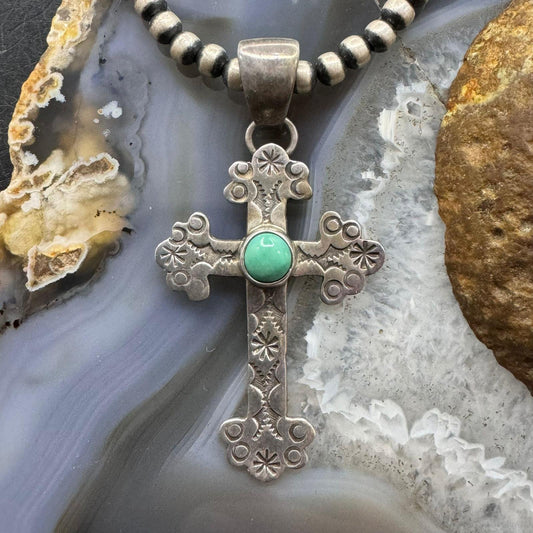 Vintage Native American Sterling  Silver Round Turquoise Decorated Unisex Cross Pendant