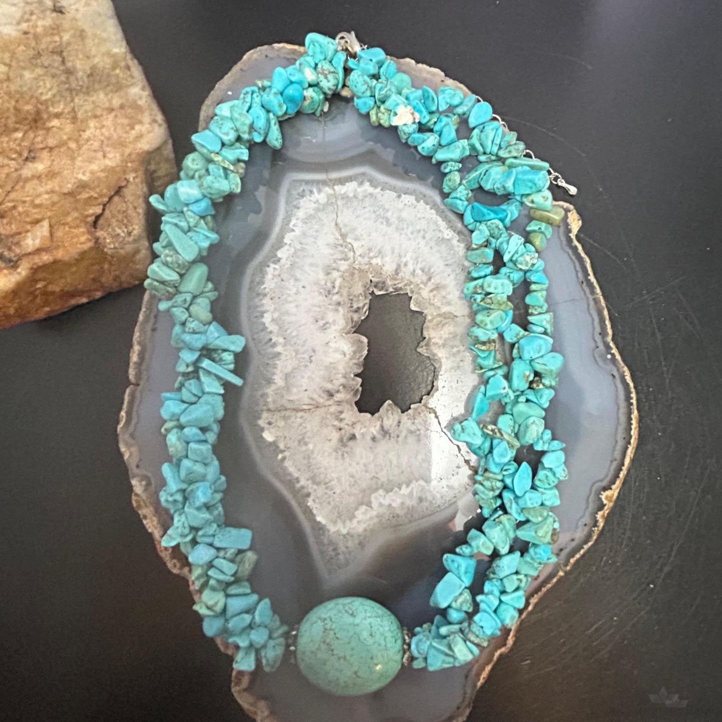 Native American Oval Turquoise Stone w/3 Strands Natural Turquoise Necklace