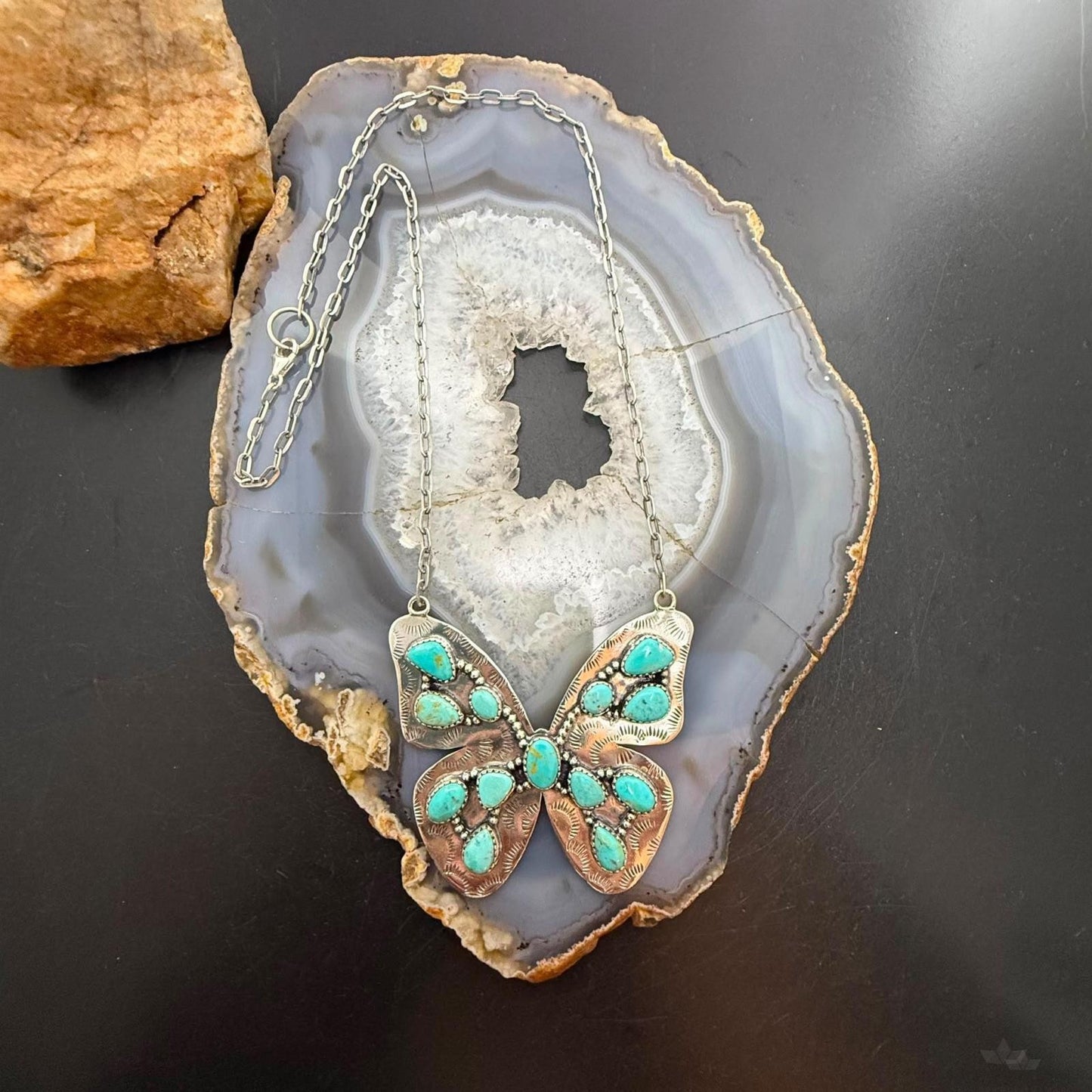 Sterling  Silver Southwestern Style Kingman Turquoise Butterfly Pendant 20.5" Necklace For Women