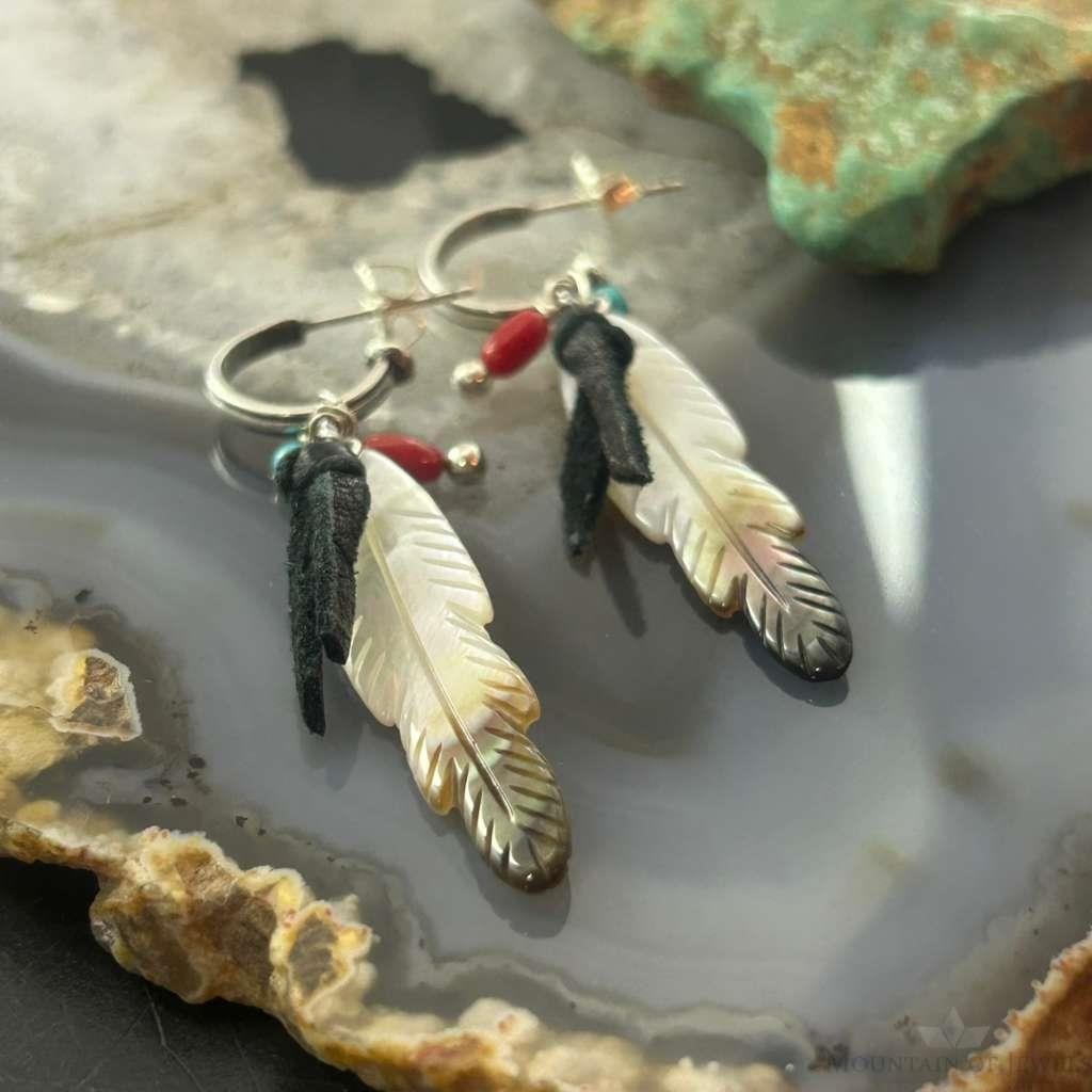 Carolyn Pollack Southwestern Style Sterling Silver MOP Etched Feather Dangle Earrings