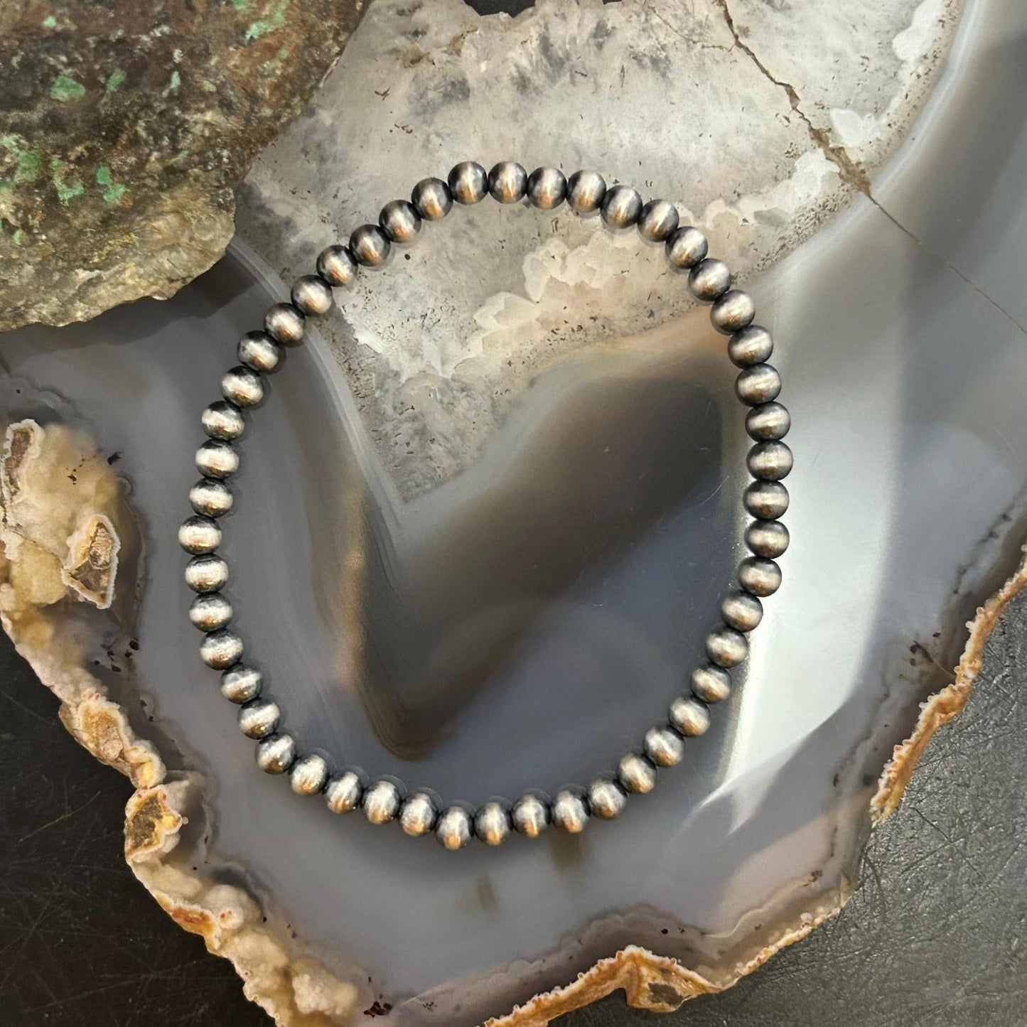 Sterling Silver 4mm Navajo Pearl Beads 6.5" Stretch Bracelet For Women