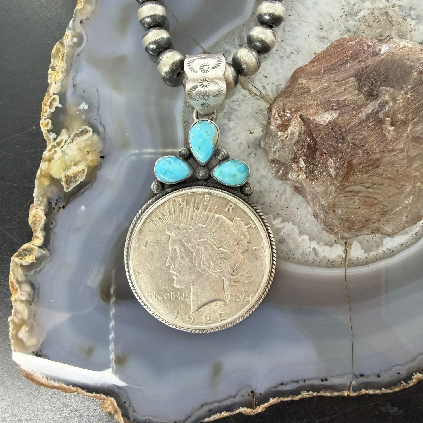 Genuine 1922 90% Peace Silver Dollar Coin Teardrop Turquoise Decorated Pendant