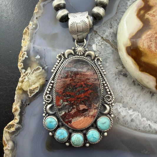 Sterling Silver Southwestern Style Oval Dendritic Jasper & Turquoise Pendant For Women