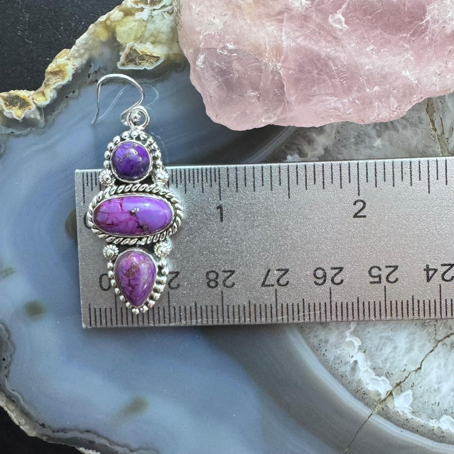 Sterling Silver Southwestern Style 3 Purple Dahlia Decorated Dangle Earrings For Women