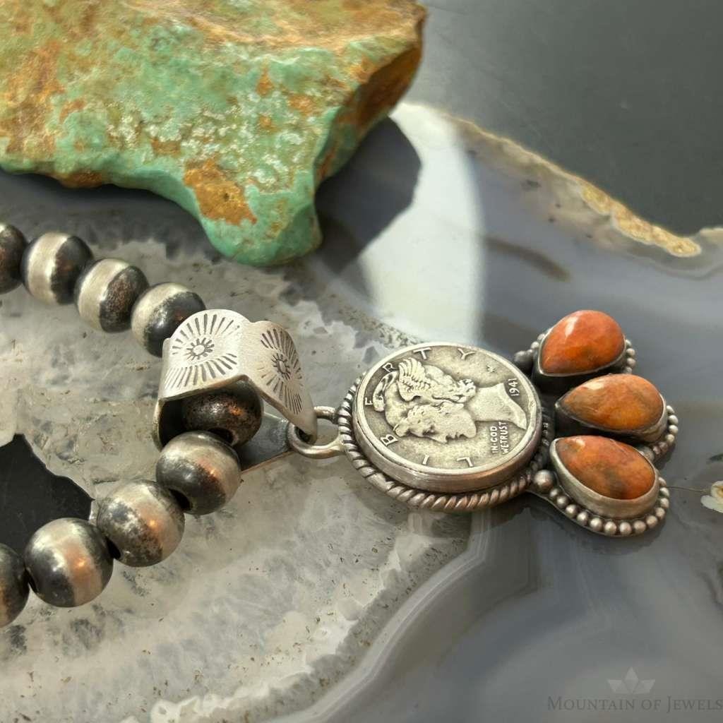 Genuine 1941 90% Silver Mercury Dime Coin w/Teardrop Orange Spiny Oyster Unisex Pendant