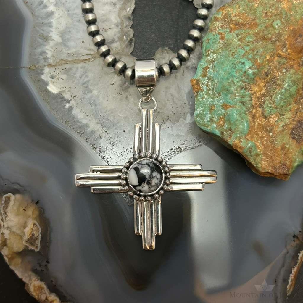 Sterling Silver Southwestern Style Rounded White Buffalo Unisex Zia Pendant #1