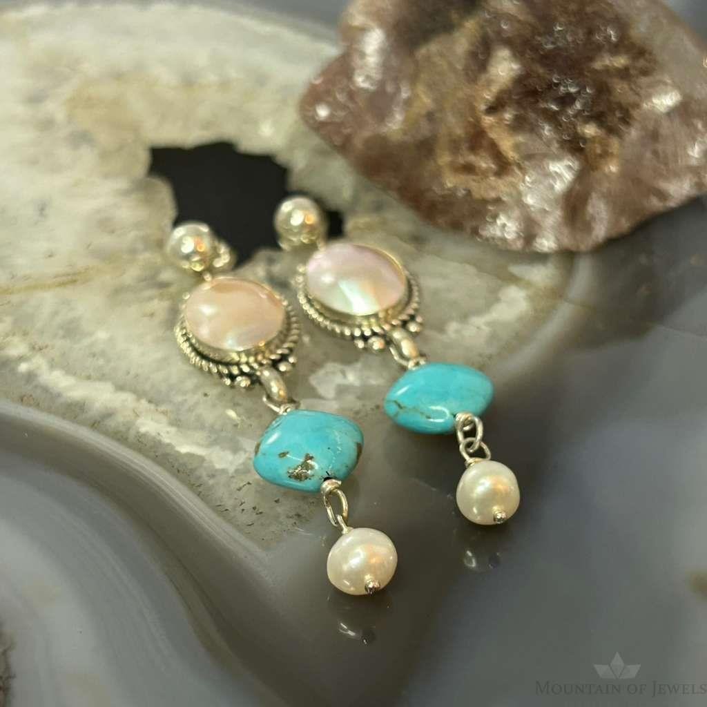 Carolyn Pollack Sterling Silver MOP & Turquoise Dangle Earrings For Women