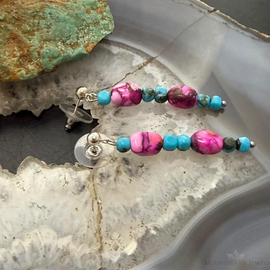 Sterling Silver Turquoise & Pink Dahlia Beads Long Dangle Earrings For Women