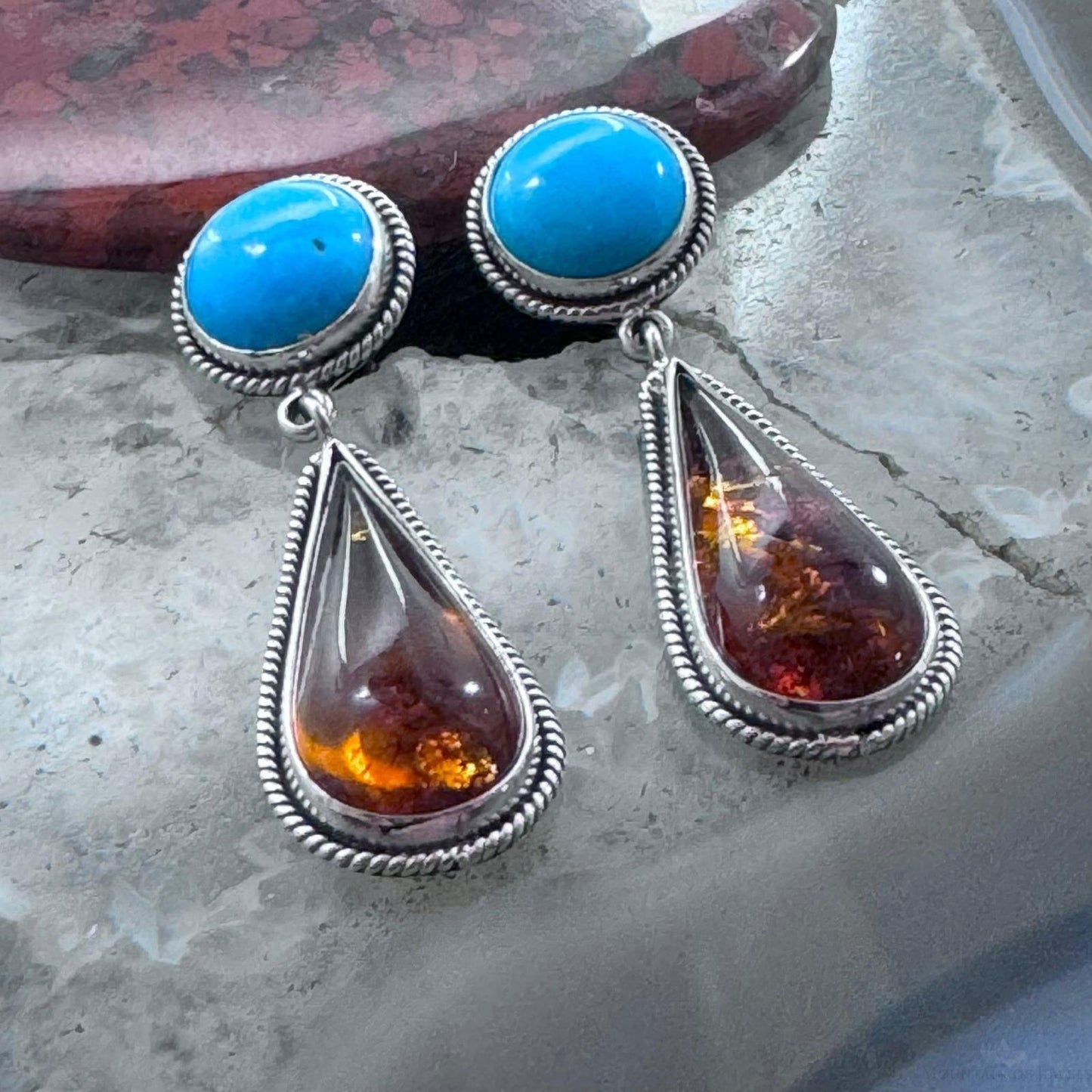 Native American Sterling Silver Turquoise & Amber Dangle Earrings For Women