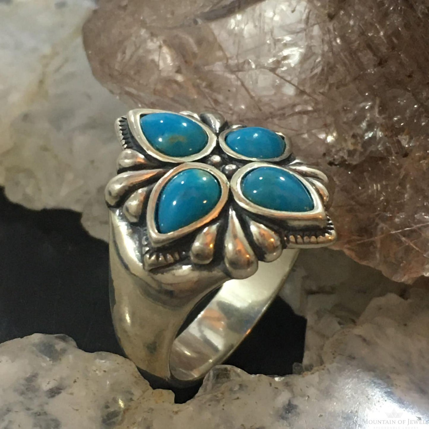 Carolyn Pollack Southwestern Style Sterling Silver 4 Sleeping Beauty Turquoise Cluster Ring For Women