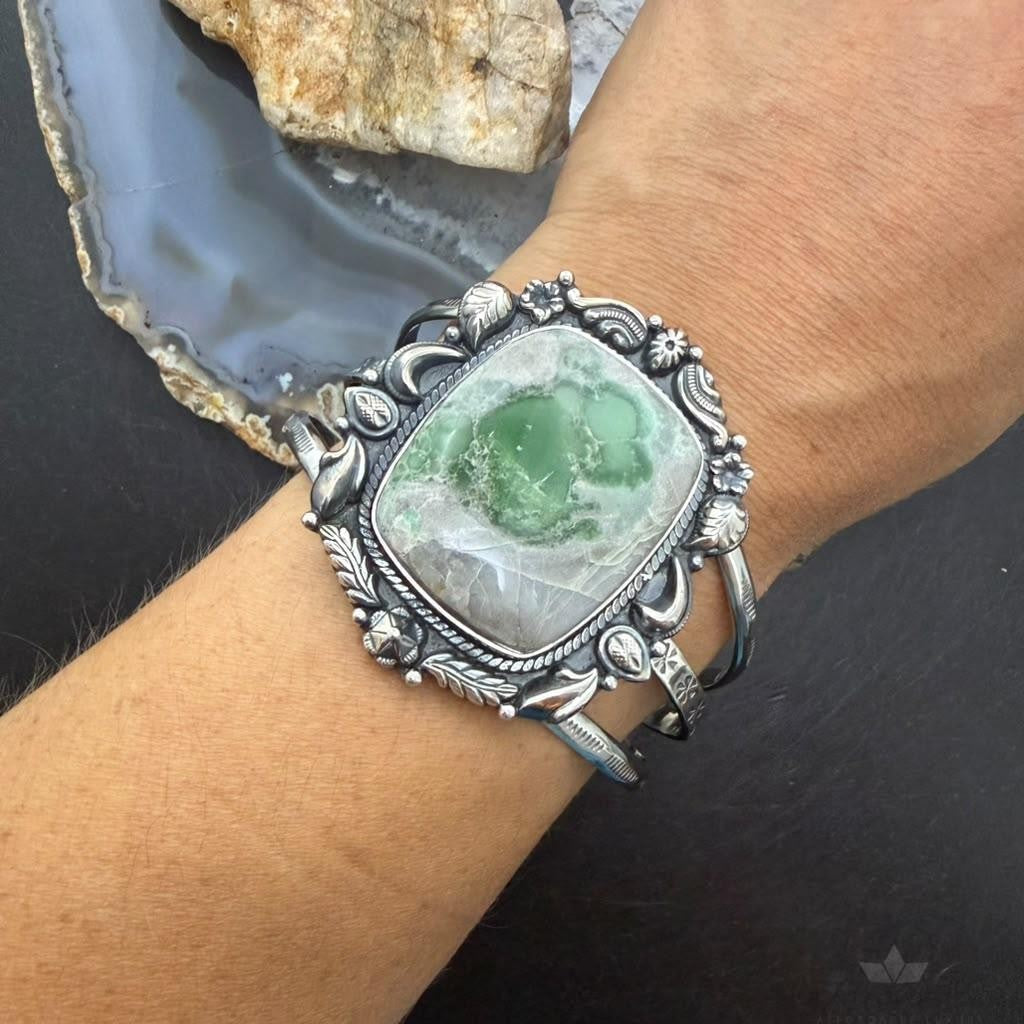 Sterling Silver Southwestern Style Square Variscite Decorated Bracelet For Women