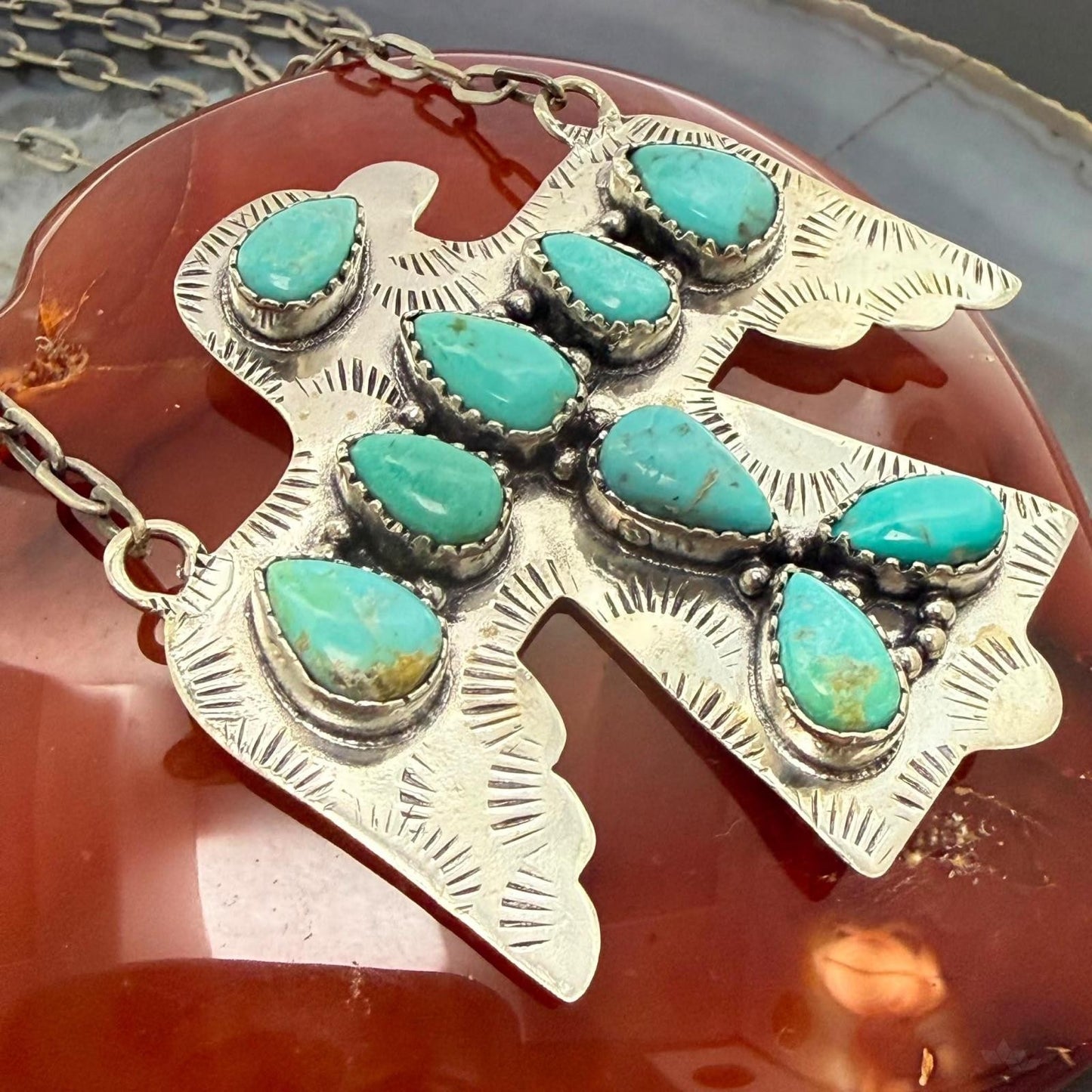 Sterling Southwestern Style Kingman Turquoise Thunderbird Pendant Necklace #4