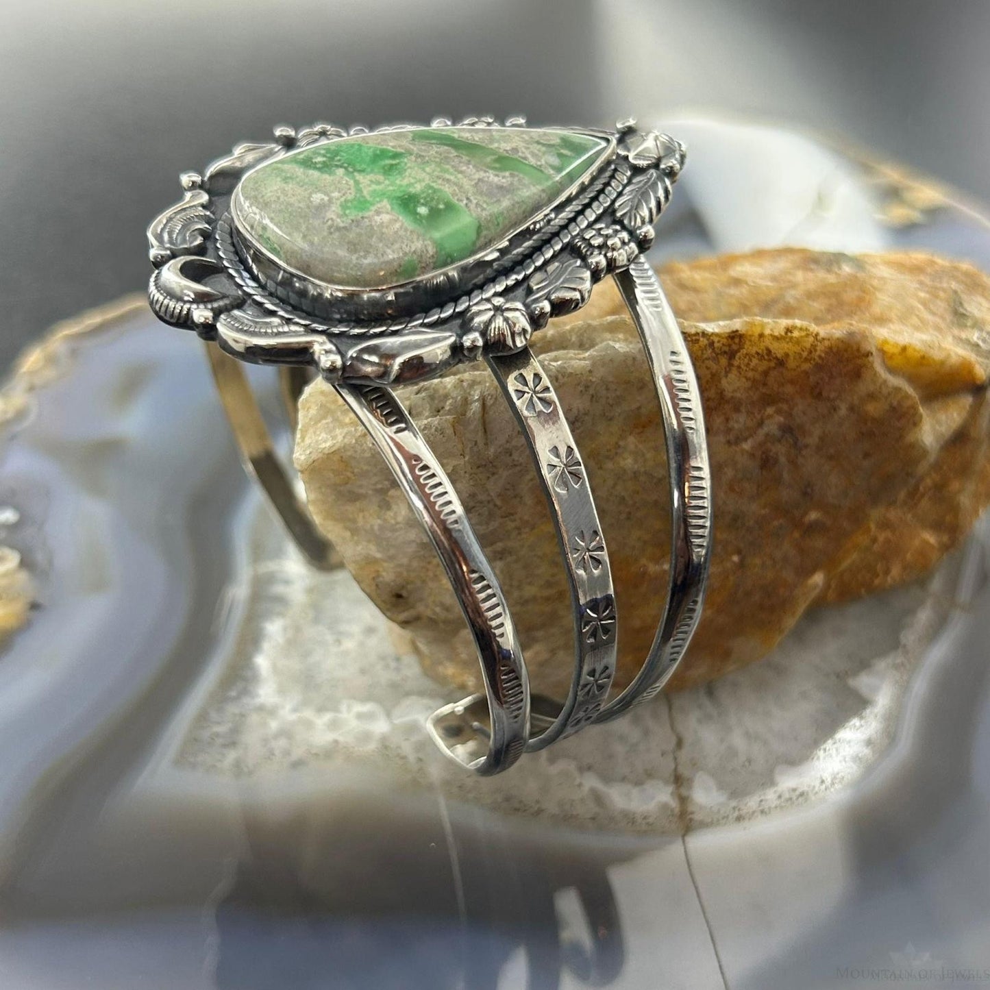 Sterling Silver Southwestern Style Large Teardrop Variscite Bracelet For Women