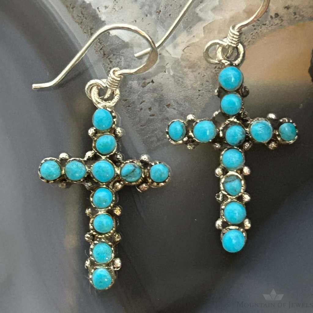 Sterling Silver Southwestern Style Turquoise Cross Dangle Earrings For Women