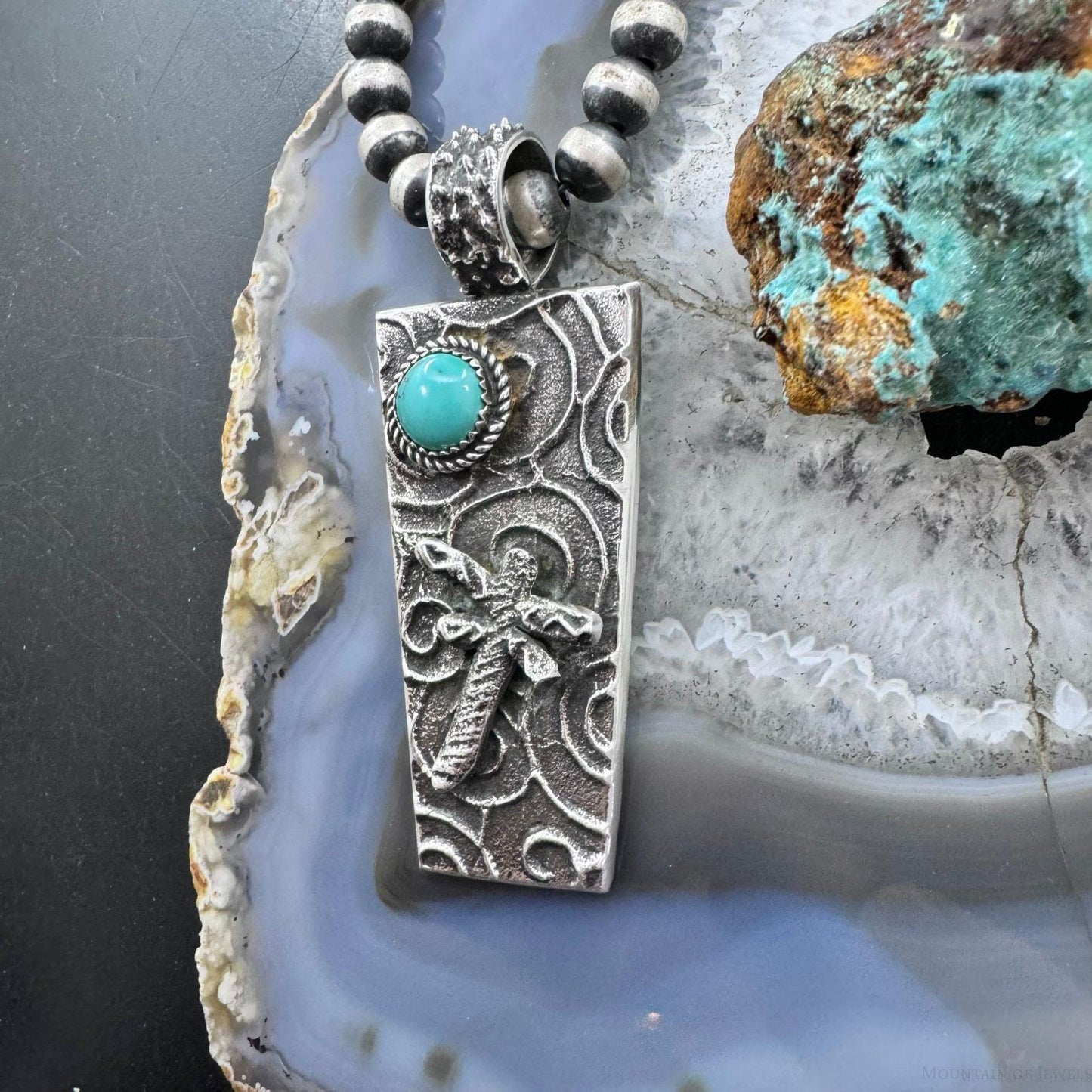 Cheyenne Custer Navajo Native American Sterling Silver & Turquoise Dragonfly Tufa Cast Unisex Pendant