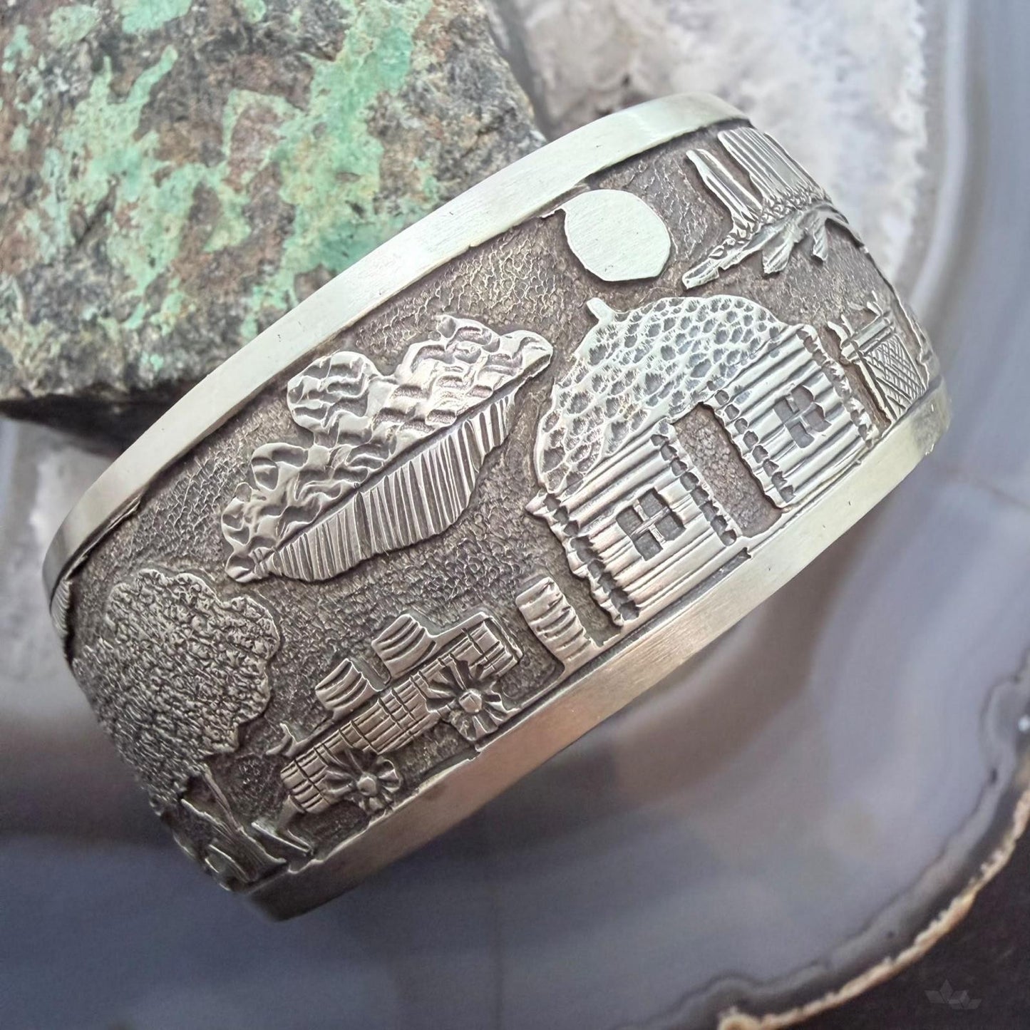 Alex Becenti Native American Sterling Silver Village Life Storyteller Unisex Bracelet
