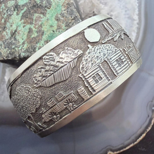 Alex Becenti Native American Sterling Silver Village Life Storyteller Unisex Bracelet