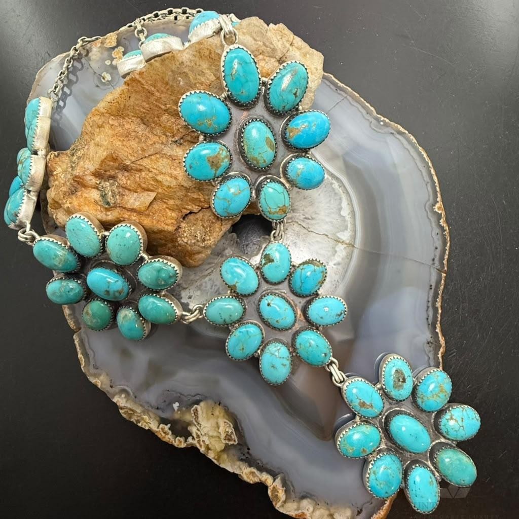 Sterling Silver Southwestern Style Kingman Turquoise Cluster Lariat Necklace For Women