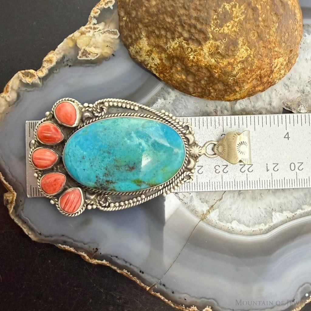 Sterling Silver Southwestern Style Oval Turquoise & Spiny Oyster Decorated Pendant