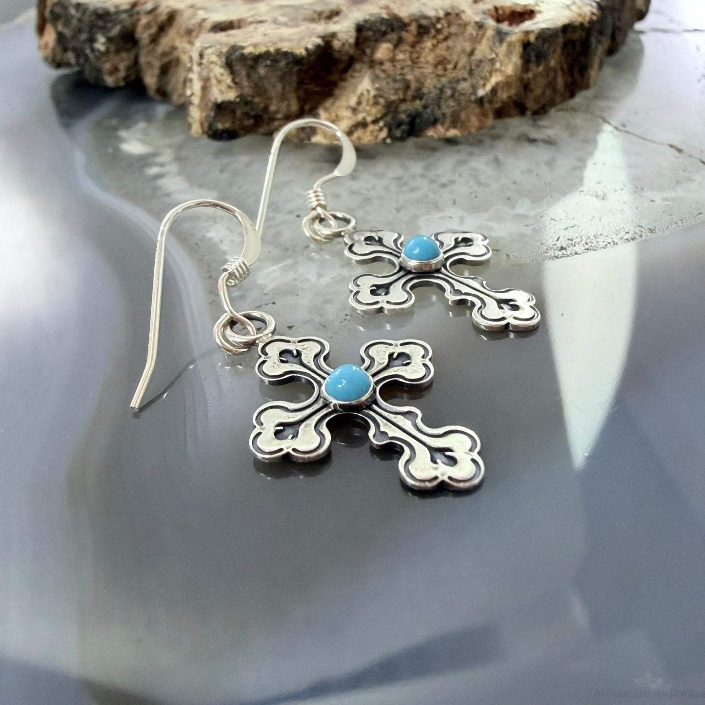Sterling Silver Southwestern Style Turquoise Cross Dangle Earrings For Women