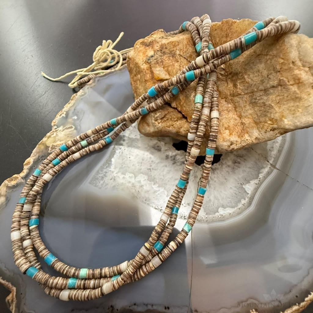 Vintage Native American 3 Strands Heishi Beads &Turquoise 26" Necklace For Women