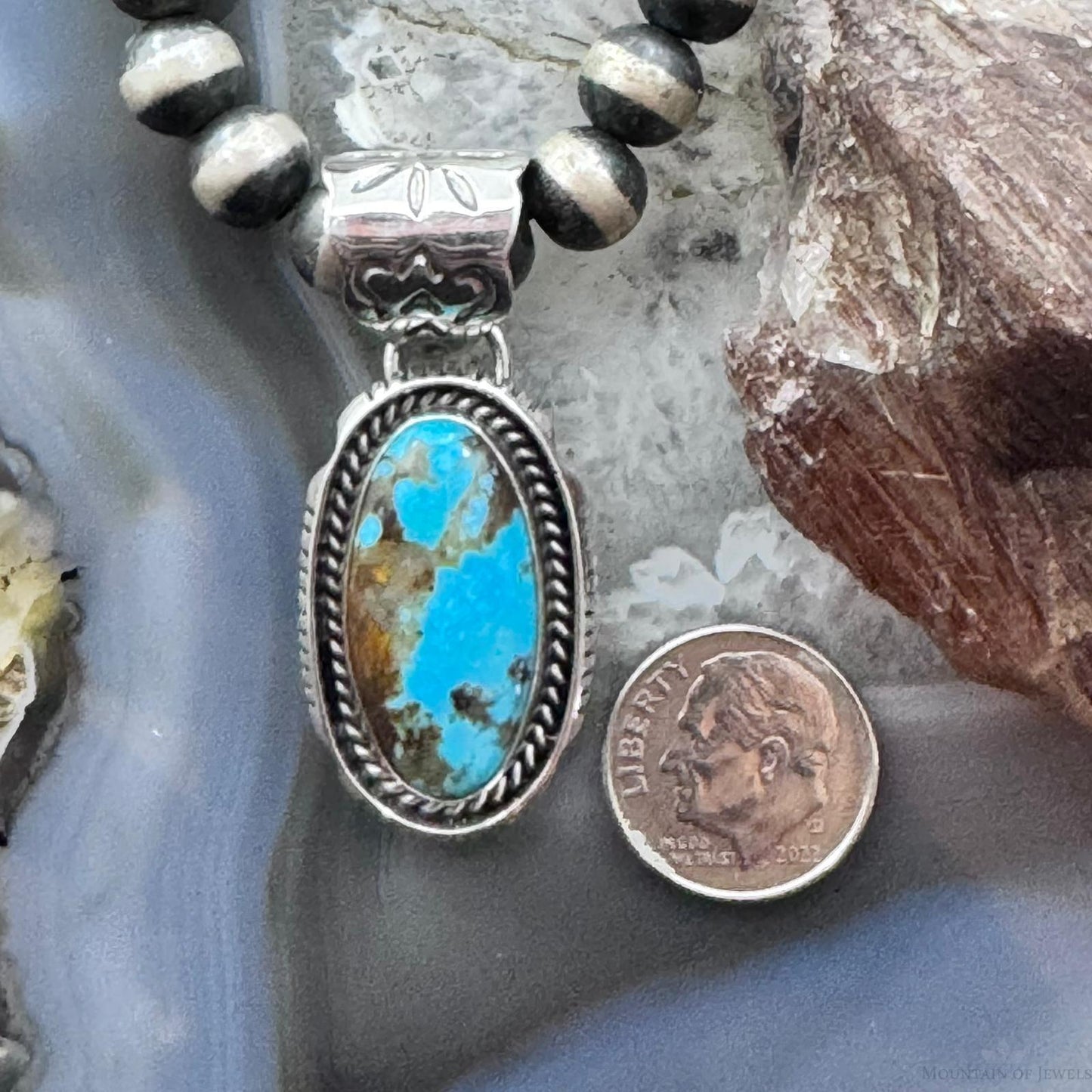 Native American Sterling Silver Elongated Oval Turquoise Unisex Pendant #2