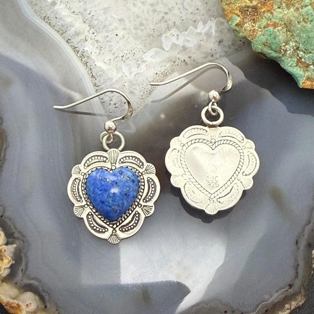Vintage Signed Sterling Silver Denim Lapis Heart Dangle Earrings For Women