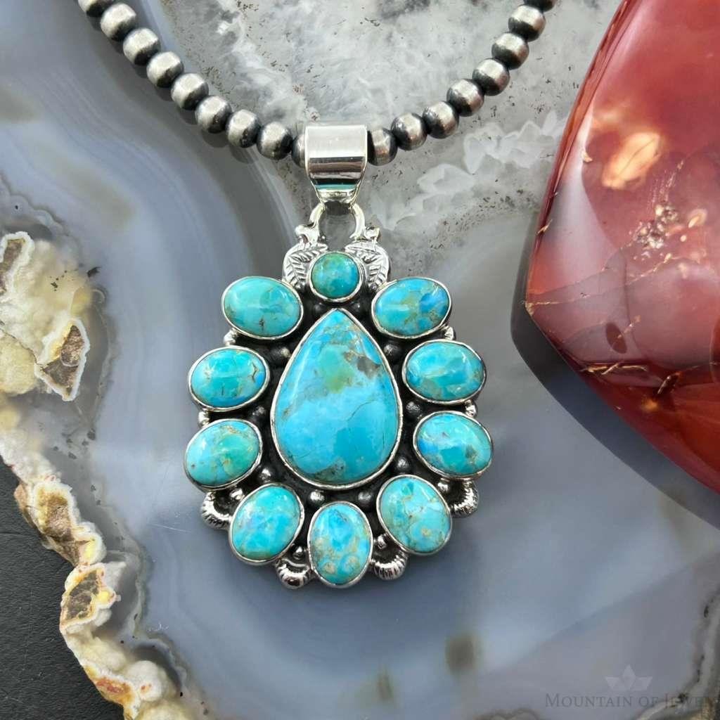 Sterling Silver Southwestern Style Mohave Turquoise Cluster Pendant For Women #1