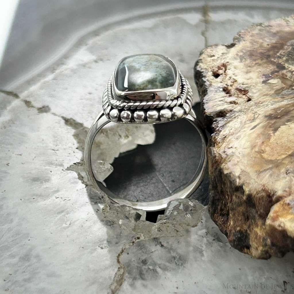 Sterling Silver Southwestern Style Rectangle Chrome Chalcedony Ring Size 7.25 For Women
